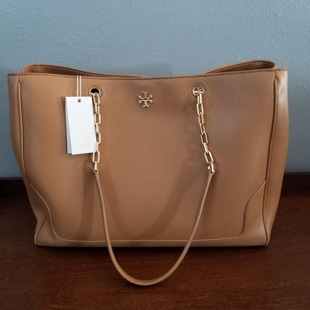 Tory Burch Tan Leather Tote with Gold Chain Straps
